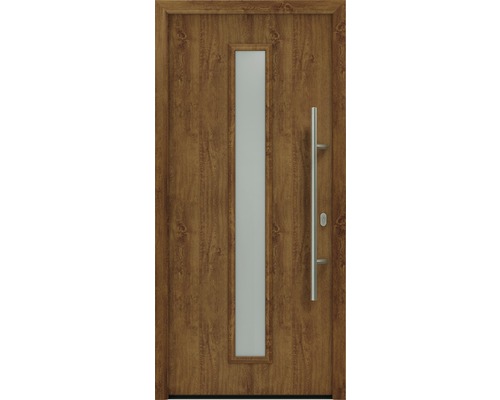 Porte d'entrée EcoStar ISOPRO IP 020 S 1100 x 2100 mm droite golden oak avec ensemble de ferrures, poignée barre en acier inoxydable, cylindre profilé de sécurité avec 5 clés