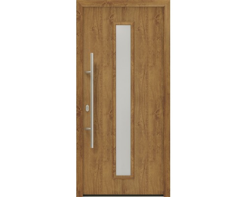 Porte d'entrée EcoStar ISOPRO IP 020 S 1100 x 2100 mm gauche golden oak avec ensemble de ferrures, poignée barre en acier inoxydable, cylindre profilé de sécurité avec 5 clés
