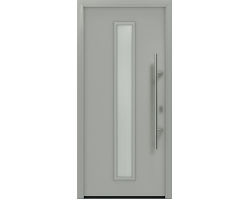 Porte d'entrée EcoStar ISOPRO IP 020 S 1100 x 2100 mm droite RAL 9006 aluminium blanc mat avec ensemble de ferrures, poignée barre en acier inoxydable, cylindre profilé de sécurité avec 5 clés