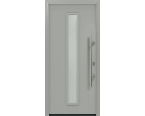 Porte d'entrée EcoStar ISOPRO IP 020 S 1100 x 2100 mm droite RAL 9006 aluminium blanc mat avec ensemble de ferrures, poignée barre en acier inoxydable, cylindre profilé de sécurité avec 5 clés Porte d''entrée grise avec insert en verre et poignée
