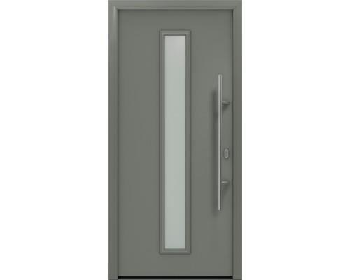 Porte d'entrée EcoStar ISOPRO IP 020 S 1100 x 2100 mm droite RAL 9007 aluminium gris mat avec ensemble de ferrures, poignée barre en acier inoxydable, cylindre profilé de sécurité avec 5 clés Porte d''entrée avec insert en verre et poignée
