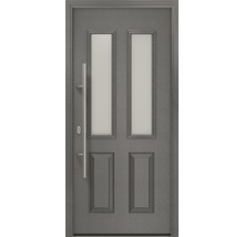 Porte d''entrée grise avec deux inserts en verre et une poignée en acier inoxydable