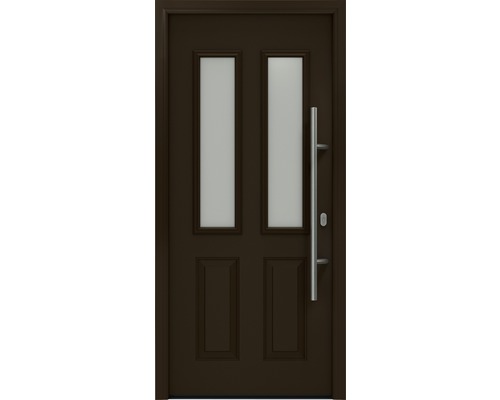 Porte d'entrée EcoStar ISOPRO IP 410 S 1100 x 2100 mm droite RAL 8028 marron terre cuite avec ensemble de ferrures, poignée barre en acier inoxydable, cylindre profilé de sécurité avec 5 clés Porte d''entrée marron avec deux vitrages rectangulaires et poignée en acier inoxydable