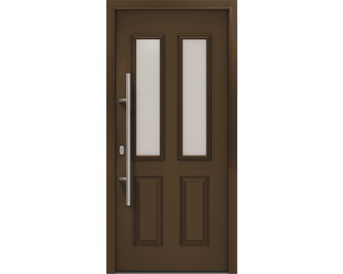 Porte d'entrée EcoStar ISOPRO IP 410 S 1100 x 2100 mm gauche RAL 8028 marron terre cuite avec ensemble de ferrures, poignée barre en acier inoxydable, cylindre profilé de sécurité avec 5 clés