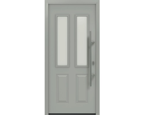 Porte d'entrée EcoStar ISOPRO IP 410 S 1100 x 2100 mm droite RAL 9006 aluminium blanc mat avec ensemble de ferrures, poignée barre en acier inoxydable, cylindre profilé de sécurité avec 5 clés Porte d''entrée grise avec deux fenêtres et poignée en acier inoxydable
