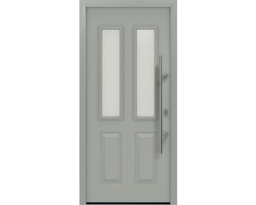 Porte d'entrée EcoStar ISOPRO IP 410 S 1100 x 2100 mm droite RAL 9006 aluminium blanc mat avec ensemble de ferrures, poignée barre en acier inoxydable, cylindre profilé de sécurité avec 5 clés