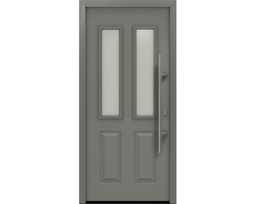 Porte d'entrée EcoStar ISOPRO IP 410 S 1100 x 2100 mm droite RAL 9007 aluminium gris mat avec ensemble de ferrures, poignée barre en acier inoxydable, cylindre profilé de sécurité avec 5 clés