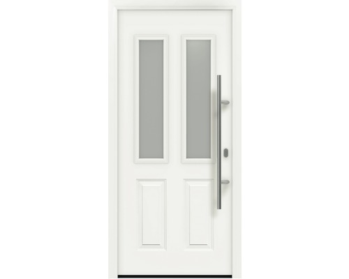 Porte d'entrée EcoStar ISOPRO IP 410 S 1100 x 2100 mm droite RAL 9016 blanc signalisation avec ensemble de ferrures, poignée barre en acier inoxydable, cylindre profilé de sécurité avec 5 clés