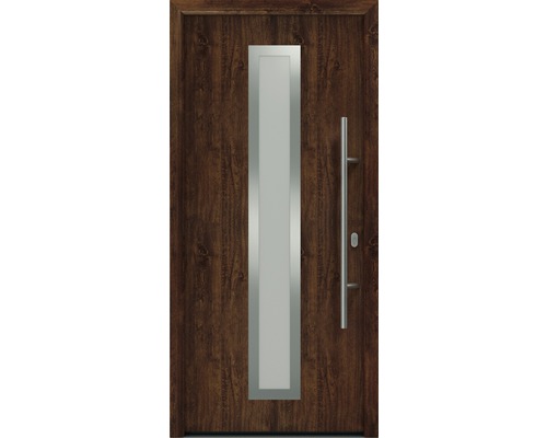 Porte d'entrée EcoStar ISOPRO IP 700S 1100 x 2100 mm droite dark oak avec ensemble de ferrures, poignée barre en acier inoxydable, cylindre profilé de sécurité avec 5 clés