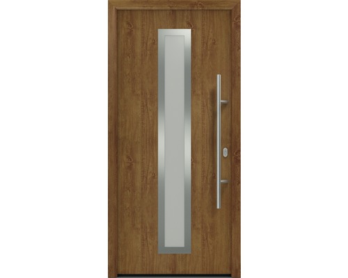 Porte d'entrée EcoStar ISOPRO IP 700S 1100 x 2100 mm droite golden oak avec ensemble de ferrures, poignée barre en acier inoxydable, cylindre profilé de sécurité avec 5 clés