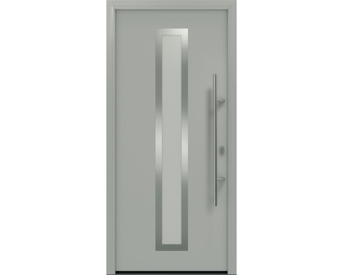 Porte d'entrée EcoStar ISOPRO IP 700S 1100 x 2100 mm droite RAL 9006 aluminium blanc mat avec ensemble de ferrures, poignée barre en acier inoxydable, cylindre profilé de sécurité avec 5 clés Porte d''entrée grise avec insert en verre et poignée en acier inoxydable