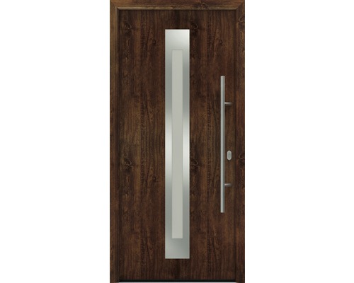Porte d'entrée EcoStar ISOPRO IP 770S 1100 x 2100 mm droite dark oak avec ensemble de ferrures, poignée barre en acier inoxydable, cylindre profilé de sécurité avec 5 clés