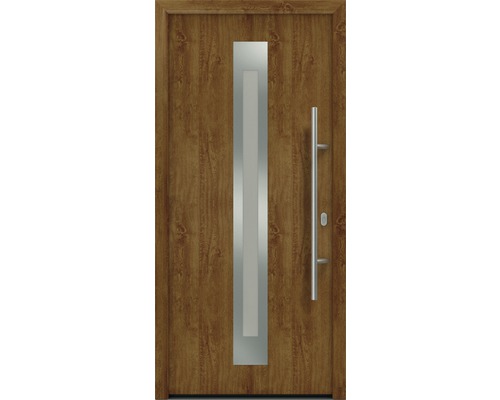 Porte d'entrée EcoStar ISOPRO IP 770S 1100 x 2100 mm droite golden oak avec ensemble de ferrures, poignée barre en acier inoxydable, cylindre profilé de sécurité avec 5 clés