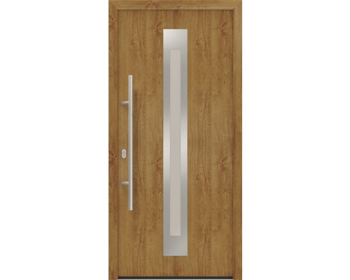 Porte d'entrée EcoStar ISOPRO IP 770S 1100 x 2100 mm gauche golden oak avec ensemble de ferrures, poignée barre en acier inoxydable, cylindre profilé de sécurité avec 5 clés