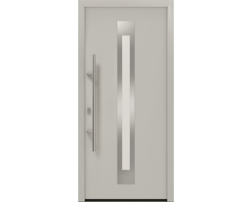 Porte d'entrée EcoStar ISOPRO IP 770S 1100 x 2100 mm gauche RAL 9006 aluminium blanc mat avec ensemble de ferrures, poignée barre en acier inoxydable, cylindre profilé de sécurité avec 5 clés