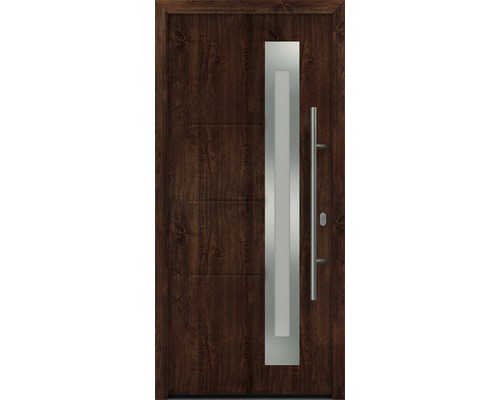 Porte d'entrée EcoStar ISOPRO IP 780S 1100 x 2100 mm droite dark oak avec ensemble de ferrures, poignée barre en acier inoxydable, cylindre profilé de sécurité avec 5 clés