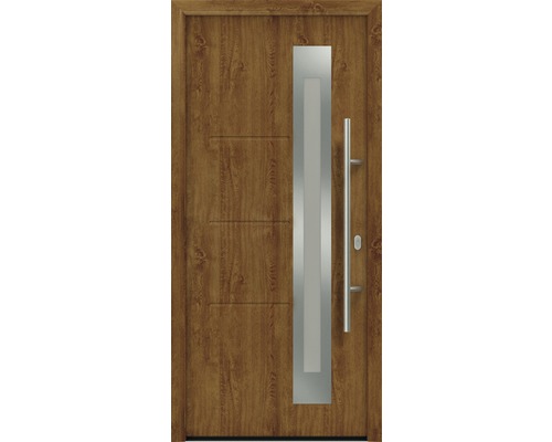 Porte d'entrée EcoStar ISOPRO IP 780S 1100 x 2100 mm droite golden oak avec ensemble de ferrures, poignée barre en acier inoxydable, cylindre profilé de sécurité avec 5 clés