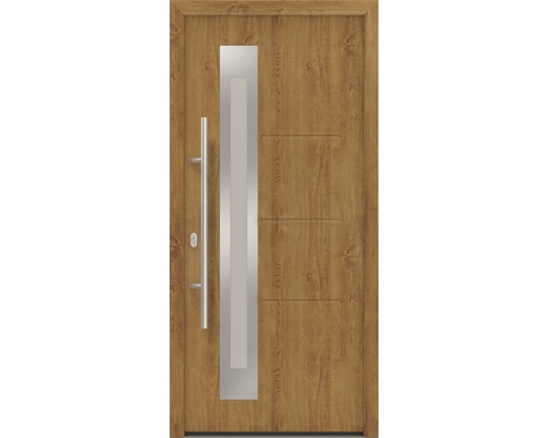 Porte d'entrée EcoStar ISOPRO IP 780S 1100 x 2100 mm gauche golden oak avec ensemble de ferrures, poignée barre en acier inoxydable, cylindre profilé de sécurité avec 5 clés