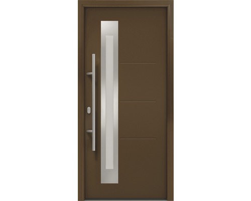 Porte d'entrée EcoStar ISOPRO IP 780S 1100 x 2100 mm gauche RAL 8028 marron terre cuite avec ensemble de ferrures, poignée barre en acier inoxydable, cylindre profilé de sécurité avec 5 clés