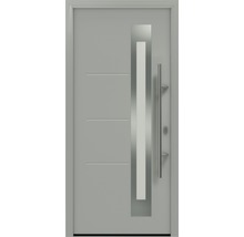 Graue Haustür mit Glaseinsatz und Edelstahlgriff
