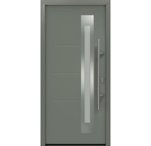 Porte d''entrée grise avec insert en verre et barre de poignée