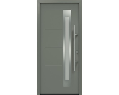 Porte d'entrée EcoStar ISOPRO IP 780S 1100 x 2100 mm droite RAL 9007 aluminium gris mat avec ensemble de ferrures, poignée barre en acier inoxydable, cylindre profilé de sécurité avec 5 clés Porte d''entrée grise avec insert en verre et barre de poignée