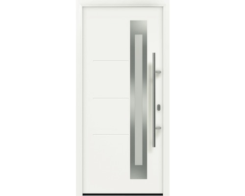 Porte d'entrée EcoStar ISOPRO IP 780S 1100 x 2100 mm droite RAL 9016 blanc signalisation avec ensemble de ferrures, poignée barre en acier inoxydable, cylindre profilé de sécurité avec 5 clés