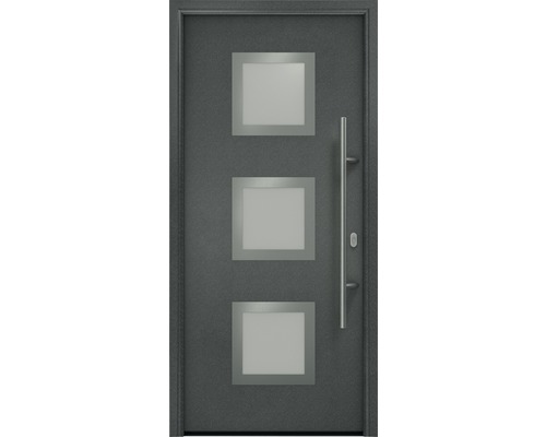 Porte d'entrée EcoStar ISOPRO IP 810S 1100 x 2100 mm droite CH703 anthracite metallic avec ensemble de ferrures, poignée barre en acier inoxydable, cylindre profilé de sécurité avec 5 clés Porte d''entrée avec trois inserts en verre carrés et poignée