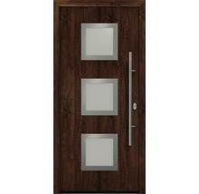 Haustür aus Holz mit drei quadratischen Glaseinsätzen und einem vertikalen Griff
