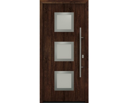 Porte d'entrée EcoStar ISOPRO IP 810S 1100 x 2100 mm droite dark oak avec ensemble de ferrures, poignée barre en acier inoxydable, cylindre profilé de sécurité avec 5 clés