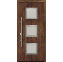 Porte en bois avec trois panneaux de verre carrés et une poignée de porte