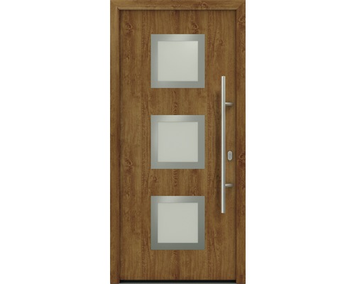 Porte d'entrée EcoStar ISOPRO IP 810S 1100 x 2100 mm droite golden oak avec ensemble de ferrures, poignée barre en acier inoxydable, cylindre profilé de sécurité avec 5 clés