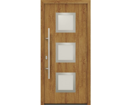 Porte d'entrée EcoStar ISOPRO IP 810S 1100 x 2100 mm gauche golden oak avec ensemble de ferrures, poignée barre en acier inoxydable, cylindre profilé de sécurité avec 5 clés