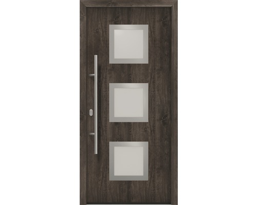 Porte d'entrée EcoStar ISOPRO IP 810S 1100 x 2100 mm gauche night oak avec ensemble de ferrures, poignée barre en acier inoxydable, cylindre profilé de sécurité avec 5 clés