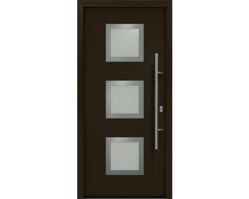 Porte d'entrée EcoStar ISOPRO IP 810S 1100 x 2100 mm droite RAL 8028 marron terre cuite avec ensemble de ferrures, poignée barre en acier inoxydable, cylindre profilé de sécurité avec 5 clés