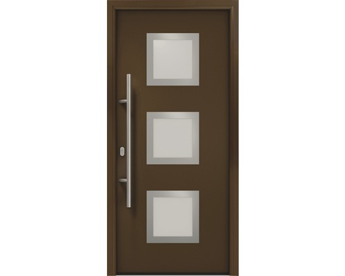 Porte d'entrée EcoStar ISOPRO IP 810S 1100 x 2100 mm gauche RAL 8028 marron terre cuite avec ensemble de ferrures, poignée barre en acier inoxydable, cylindre profilé de sécurité avec 5 clés