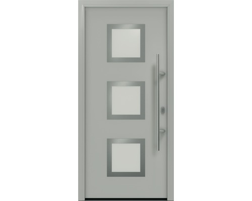 Haustür EcoStar ISOPRO IP 810S 1100 x 2100 mm Rechts RAL 9006 weissaluminium matt inkl. Beschlag-Set,Edelstahl Stangengriff,Sicherheitsprofilzylinder mit 5 Schlüsseln Haustür mit drei quadratischen Glaseinsätzen und Griffstange