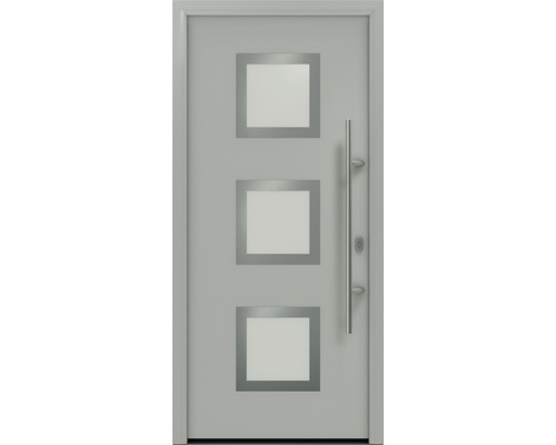 Porte d'entrée EcoStar ISOPRO IP 810S 1100 x 2100 mm droite RAL 9006 aluminium blanc mat avec ensemble de ferrures, poignée barre en acier inoxydable, cylindre profilé de sécurité avec 5 clés