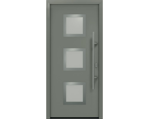 Porte d'entrée EcoStar ISOPRO IP 810S 1100 x 2100 mm droite RAL 9007 aluminium gris mat avec ensemble de ferrures, poignée barre en acier inoxydable, cylindre profilé de sécurité avec 5 clés Porte d''entrée grise avec trois fenêtres carrées et poignée