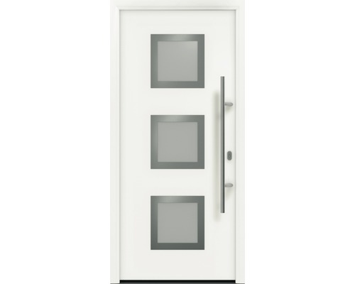 Porte d'entrée EcoStar ISOPRO IP 810S 1100 x 2100 mm droite RAL 9016 blanc signalisation avec ensemble de ferrures, poignée barre en acier inoxydable, cylindre profilé de sécurité avec 5 clés