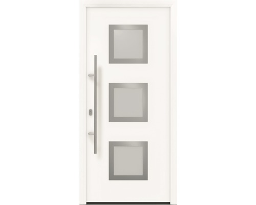 Porte d'entrée EcoStar ISOPRO IP 810S 1100 x 2100 mm gauche RAL 9016 blanc signalisation avec ensemble de ferrures, poignée barre en acier inoxydable, cylindre profilé de sécurité avec 5 clés