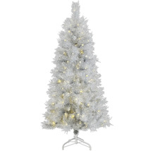 Künstlicher Weihnachtsbaum in Silber mit integrierter warmweißer LED-Beleuchtung und weißem Metallständer.