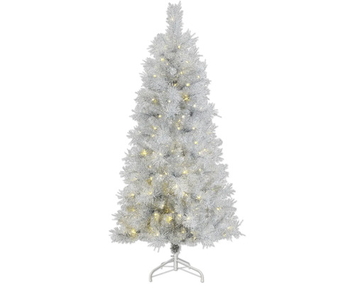 Künstlicher Weihnachtsbaum in Silber mit integrierter warmweißer LED-Beleuchtung und weißem Metallständer.