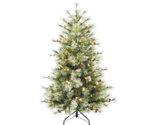 Künstlicher Weihnachtsbaum mit warmweisser LED-Beleuchtung und Tannenzapfen.