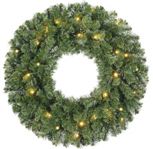 Künstlicher grüner Weihnachtskranz mit warmweißer LED-Beleuchtung.