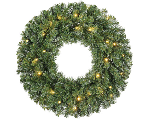 Künstlicher grüner Weihnachtskranz mit warmweißer LED-Beleuchtung.