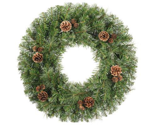 Künstlicher Weihnachtskranz mit grünen Tannennadeln und braunen Tannenzapfen.