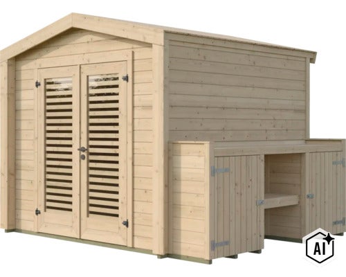 Abri de jardin en bois avec porte double et extension latérale avec étagères. (Image AI modified or generated)