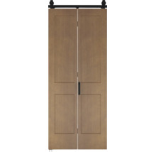 Double porte coulissante en aspect bois avec rail et poignée noirs.