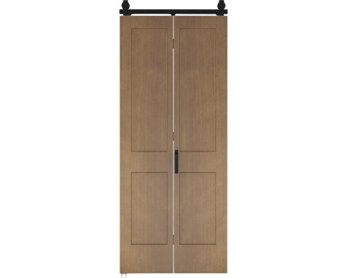 Double porte coulissante en aspect bois avec rail et poignée noirs.